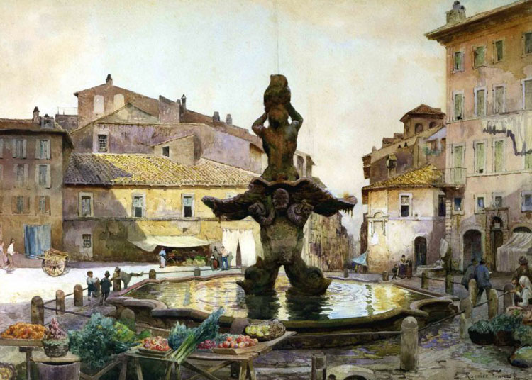 Ettore Roesler Franz,Place et Fontaine Barberini (environ 1885)